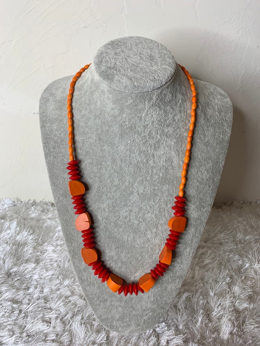 Wood Bead Orange Red Geometric Boho Retro Necklace 28" length